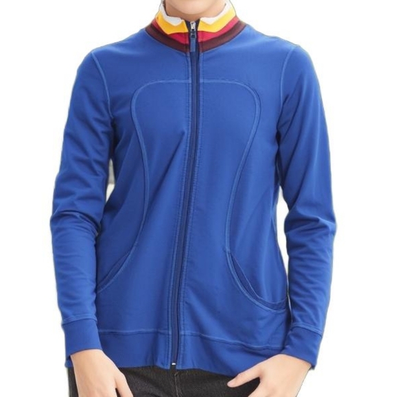 Lululemon Jacket Vintage Rare Track Blue Striped Collar Full Zip Women's size 10 - Picture 3 of 15